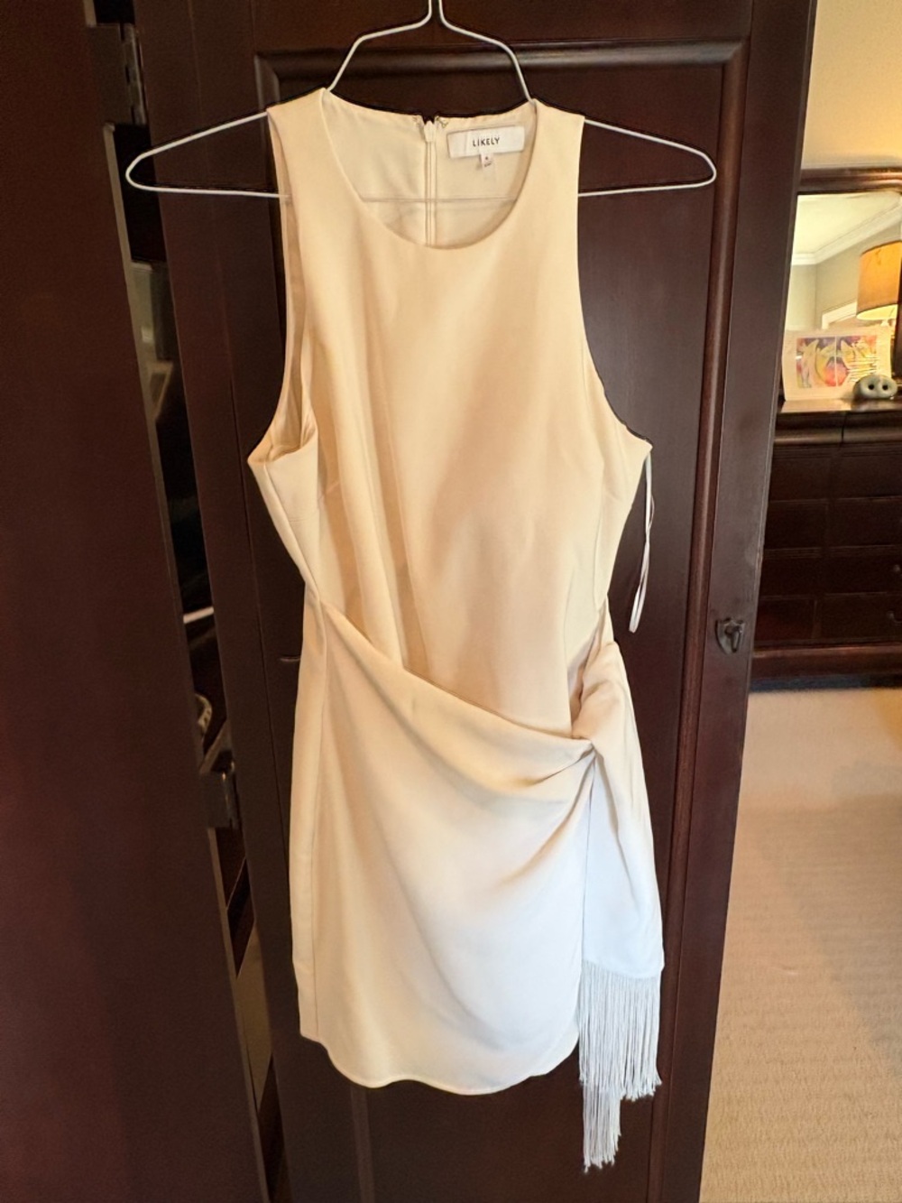 Likely Cream Sleeveless Mini Dress with Draped Fringe Detail
